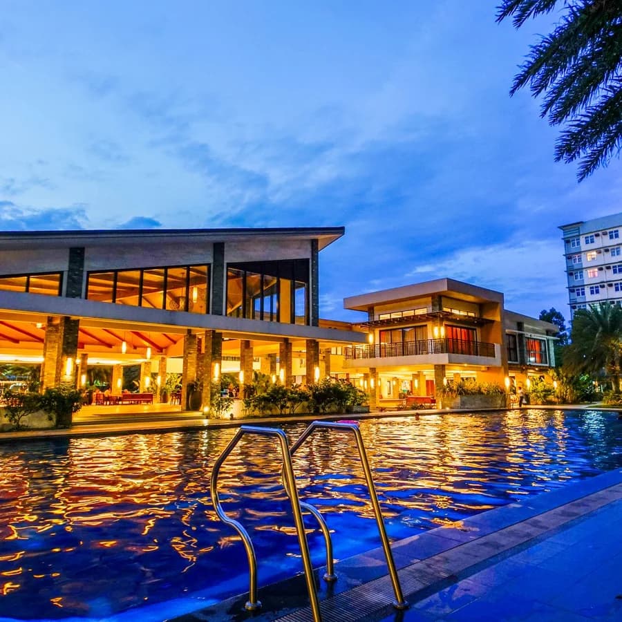 The pool terrace at dusk